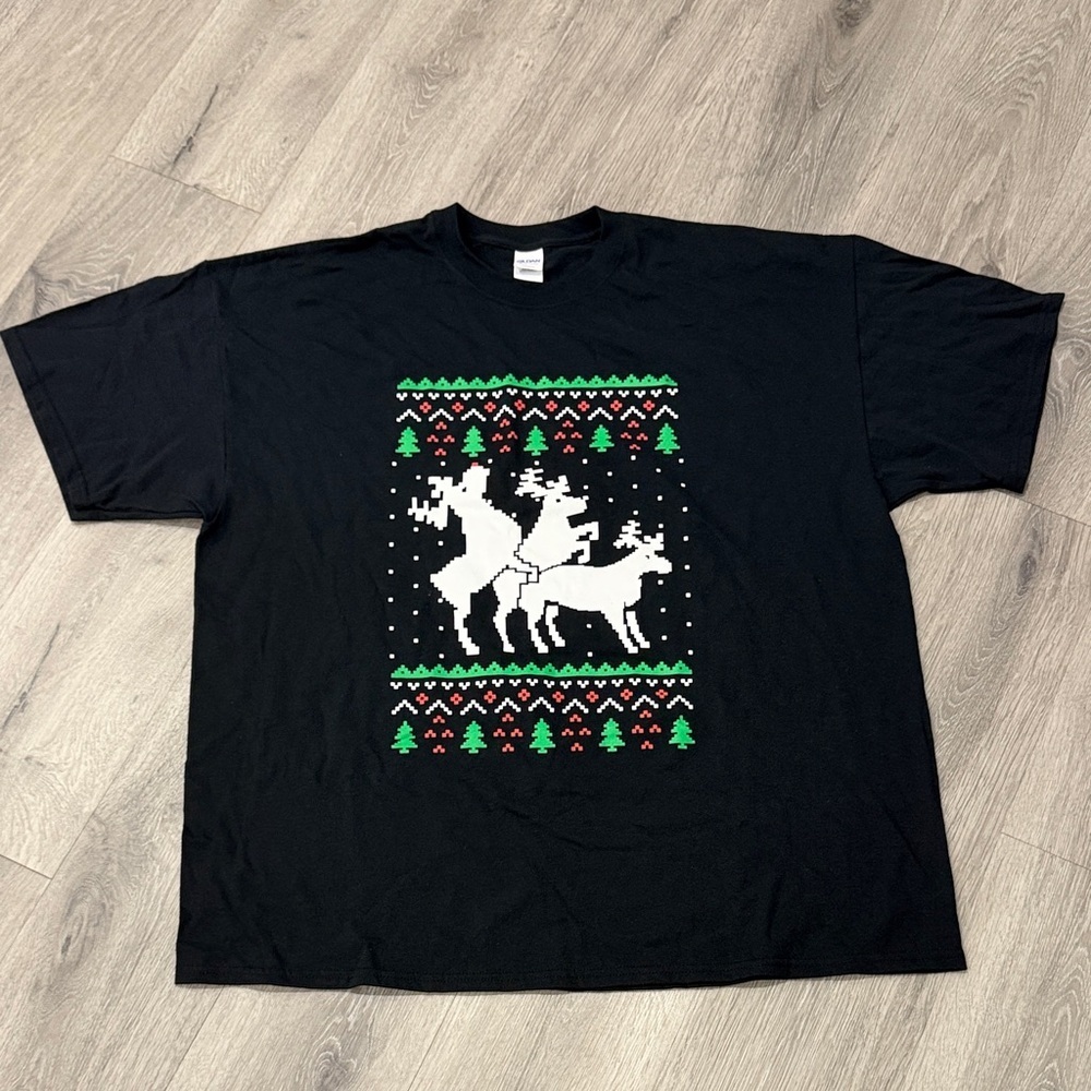 Ugly Sweater Christmas T-Shirt Men’s XXL Black Crewneck Humping Reindeer